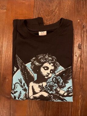 Urban Planet Black Graphic Angel Tee with Light Blue Print